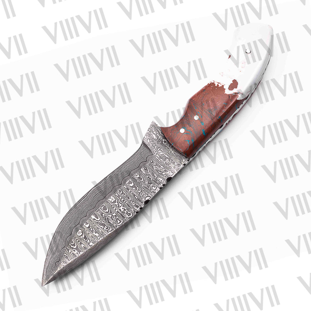 Damascus Steel Hunting Knife – Brown & White Resin Handle | Hand Forged Full Tang Blade for Camping, Survival & Gift