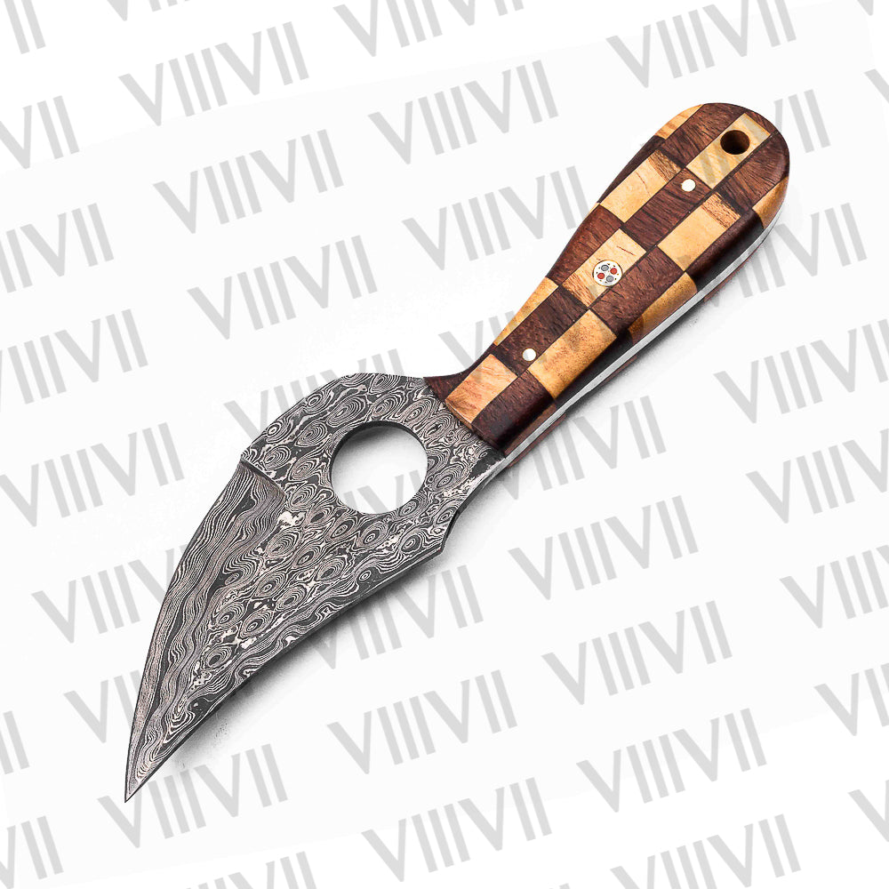 Damascus Steel Hunting Knife – Rosewood & Ashwood Chess Handle | Hand Forged Full Tang Knife for Outdoor Use & Gift for Him