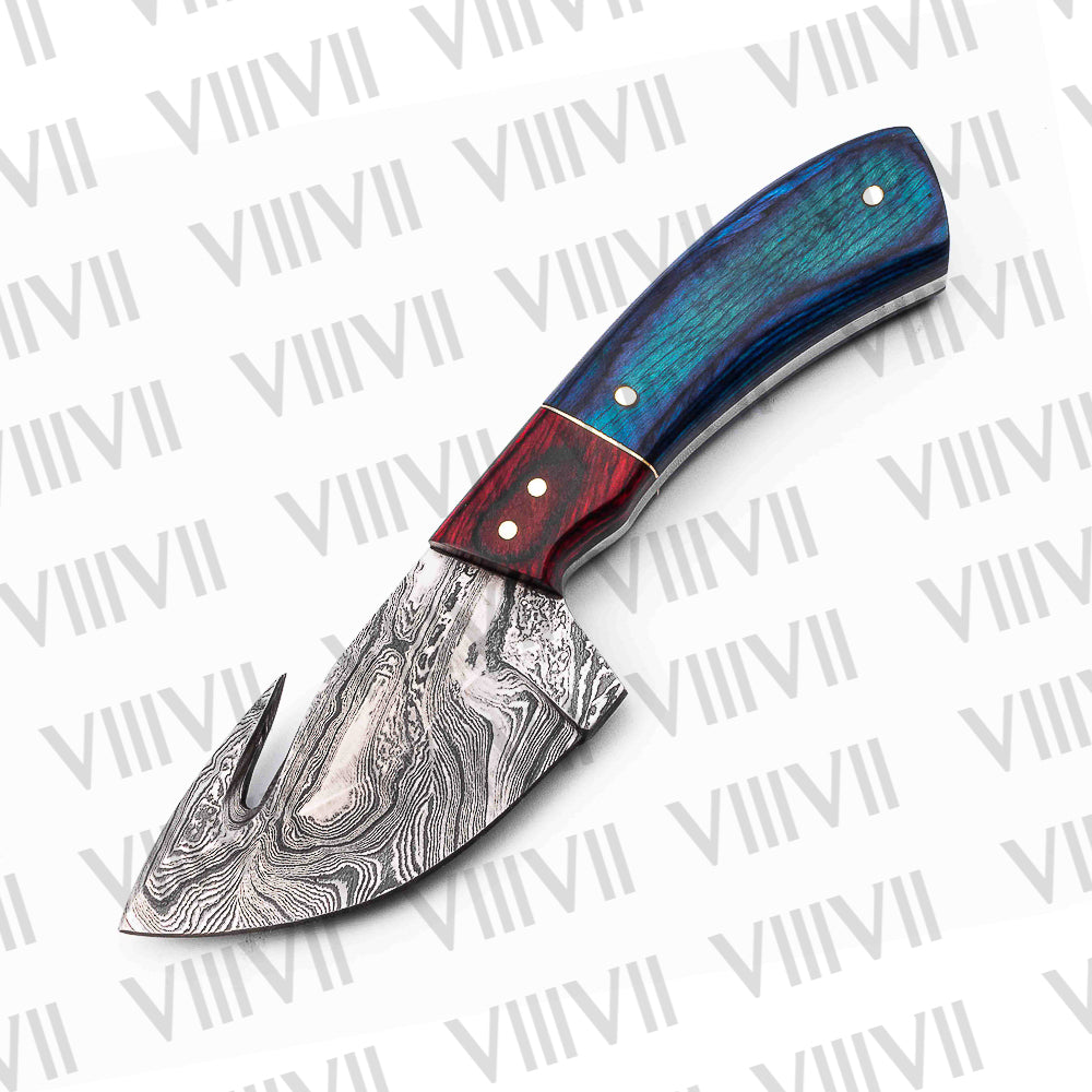 Damascus Steel Gut Hook Knife – Blue Ashwood Handle | Hand Forged Full Tang Hunting Knife for Camping & Outdoor Gifts