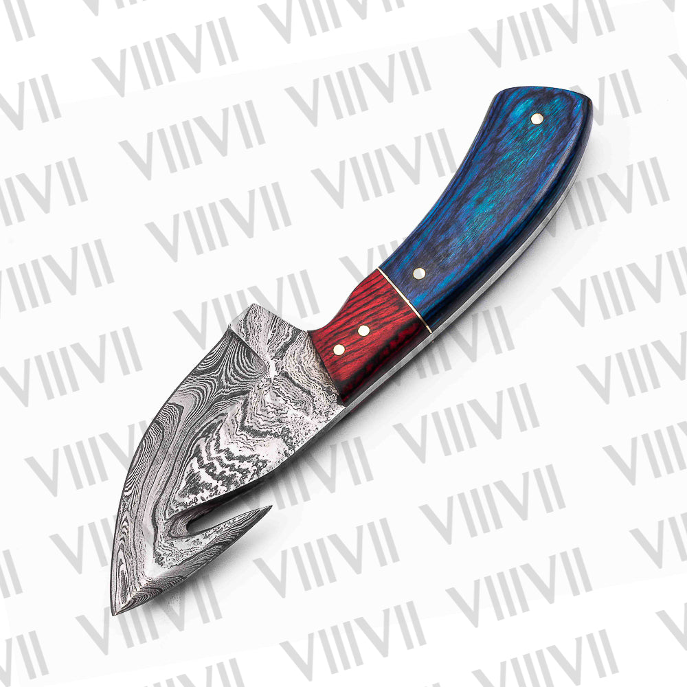 Damascus Steel Gut Hook Knife – Blue Ashwood Handle | Hand Forged Full Tang Hunting Knife for Camping & Outdoor Gifts