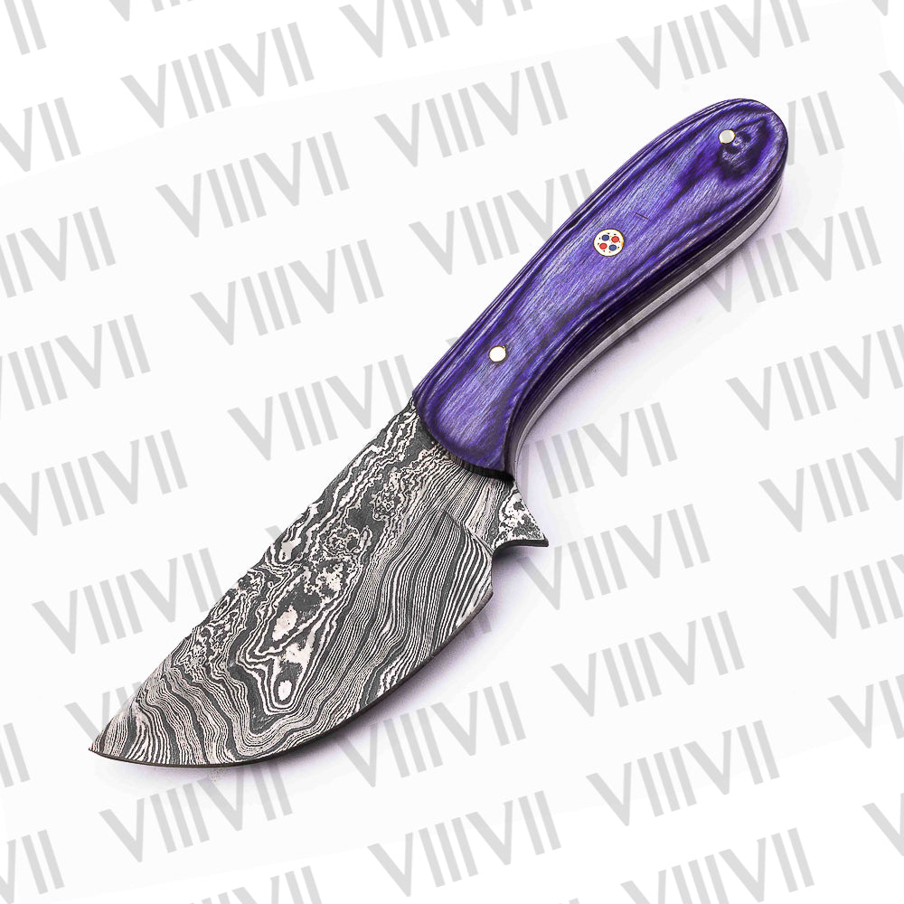 Damascus Steel Skinning Knife – Purple Wood Handle | Hand Forged Full Tang Hunting Knife for Outdoor Use & Gifts
