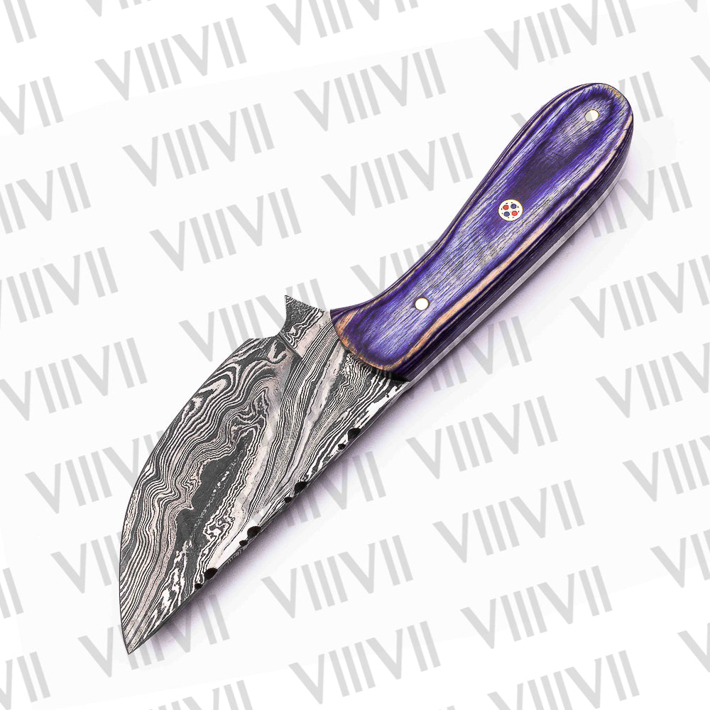 Damascus Steel Skinning Knife – Purple Wood Handle | Hand Forged Full Tang Hunting Knife for Outdoor Use & Gifts