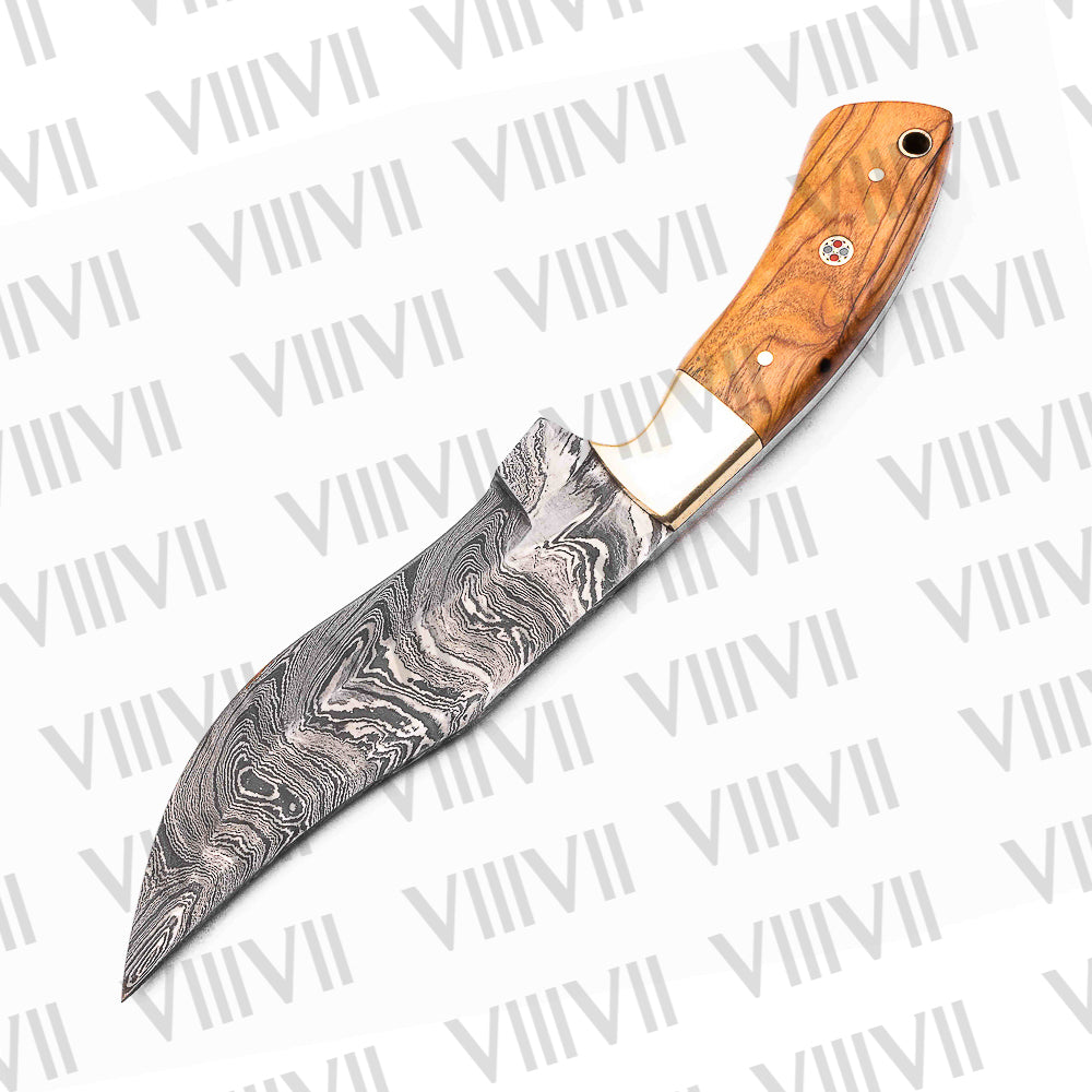 Damascus Steel Hunting Knife – Olive Wood Handle & Gold Bolster | Hand Forged Full Tang Knife for Outdoor Use & Gifting