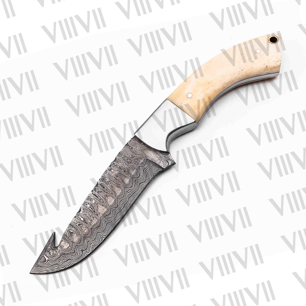 Damascus Steel Gut Hook Hunting Knife – Camel Bone Handle & Full Tang | Hand Forged Knife for Outdoor, Survival & Gifting