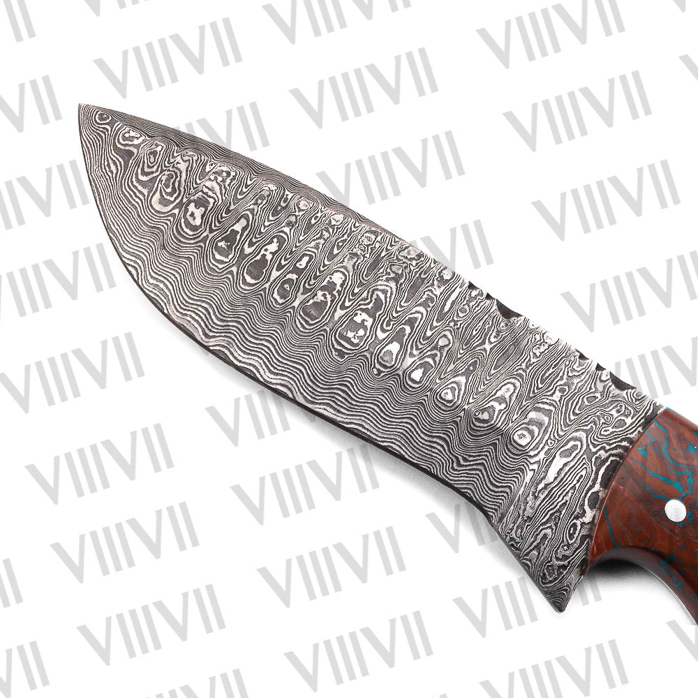 Damascus Steel Hunting Knife – Brown & White Resin Handle | Hand Forged Full Tang Blade for Camping, Survival & Gift