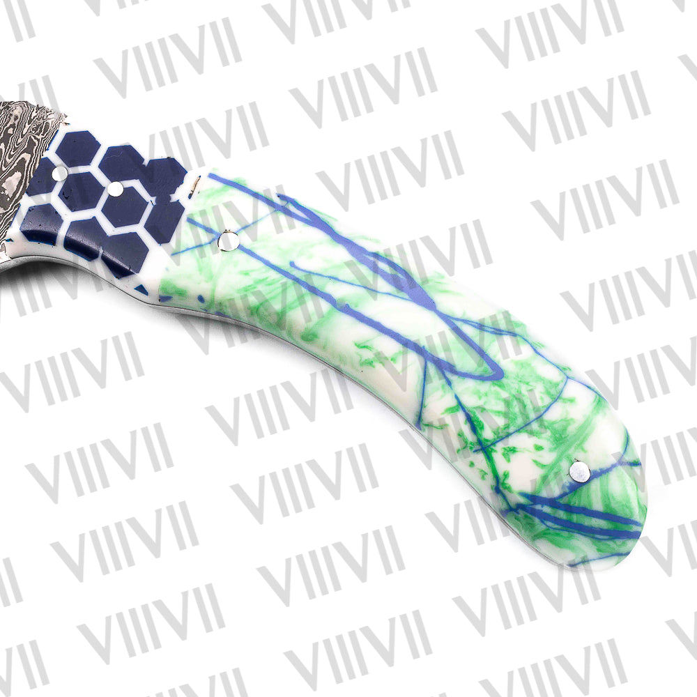 Damascus Steel Gut Hook Hunting Knife – Resin Handle | Hand Forged Full Tang Knife for Camping & Outdoor Gift