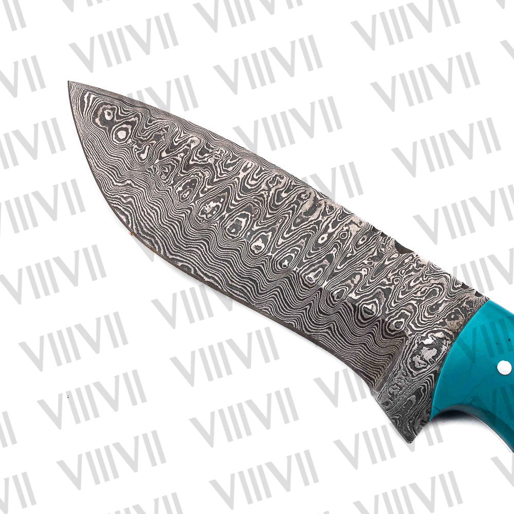 Damascus Steel Hunting Knife – Aqua Blue Resin Handle | Hand Forged Full Tang Outdoor Knife for Camping, Hunting & Gifts