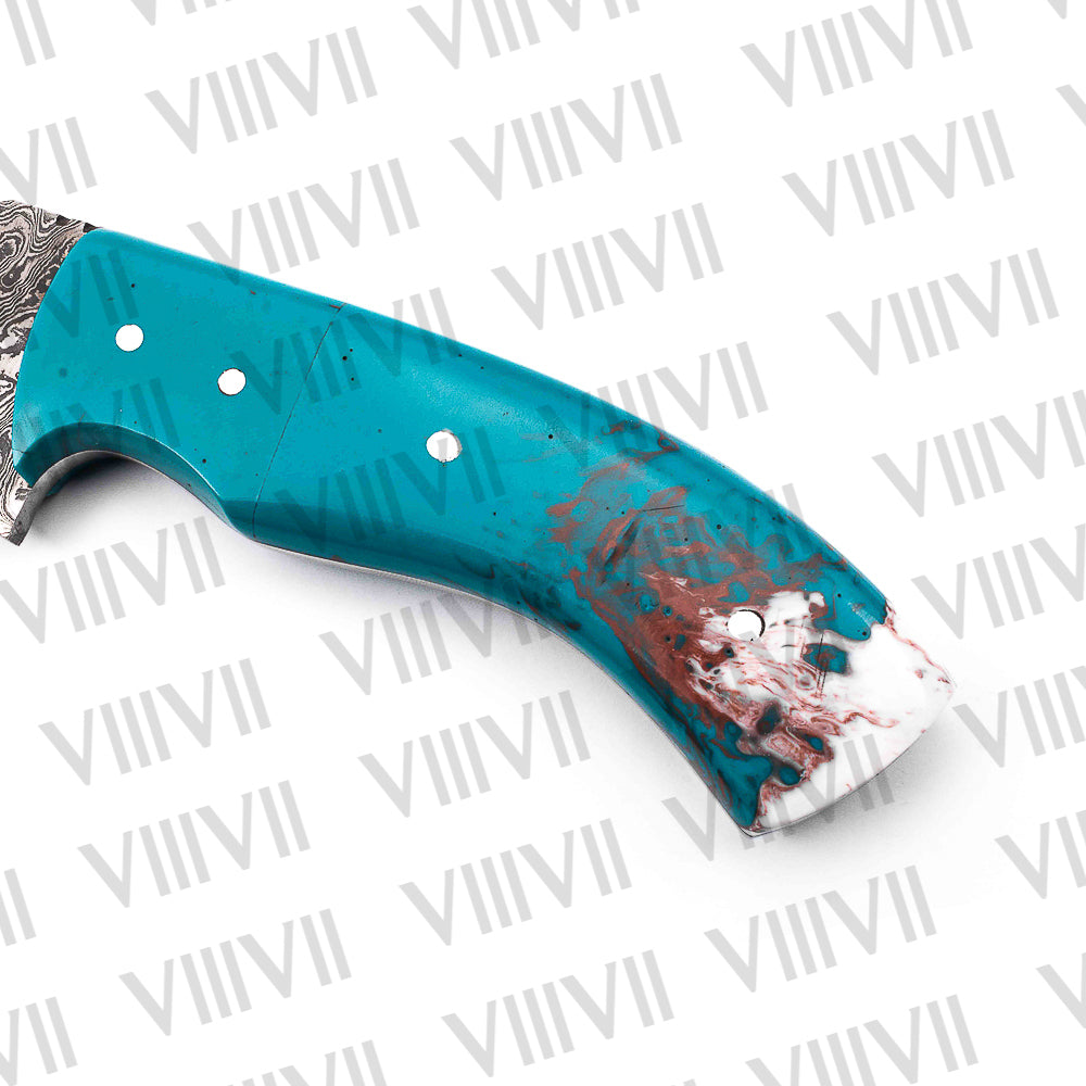 Damascus Steel Hunting Knife – Aqua Blue Resin Handle | Hand Forged Full Tang Outdoor Knife for Camping, Hunting & Gifts