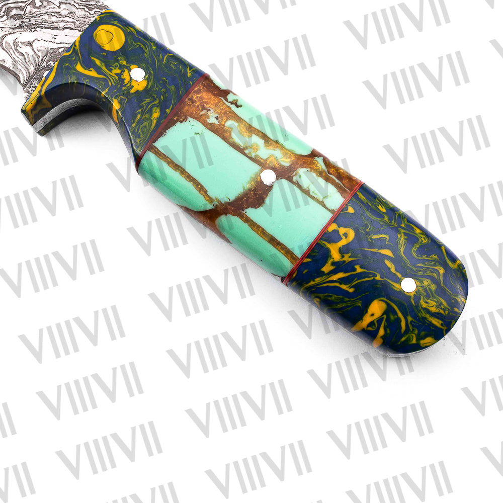 Damascus Steel Hunting Knife – Turquoise Handle | Hand Forged Full Tang Knife for Hunting, Camping & Outdoor Gifts