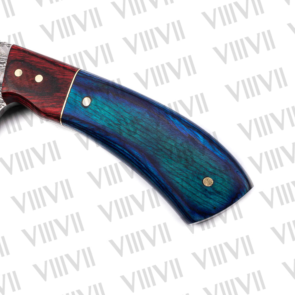 Damascus Steel Gut Hook Knife – Blue Ashwood Handle | Hand Forged Full Tang Hunting Knife for Camping & Outdoor Gifts