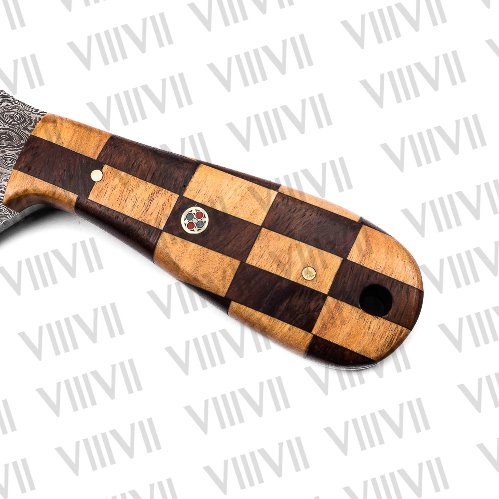 Damascus Steel Hunting Knife – Rosewood & Ashwood Chess Handle | Hand Forged Full Tang Knife for Outdoor Use & Gift for Him