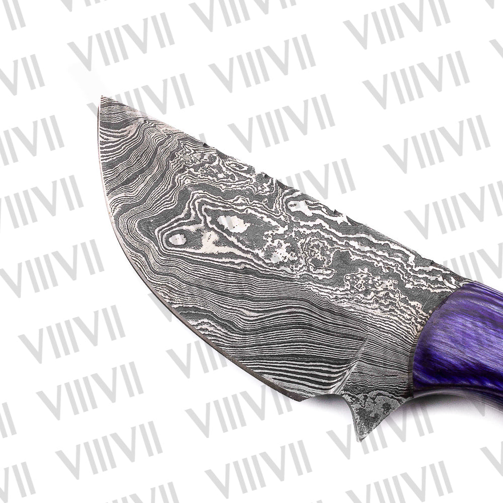 Damascus Steel Skinning Knife – Purple Wood Handle | Hand Forged Full Tang Hunting Knife for Outdoor Use & Gifts