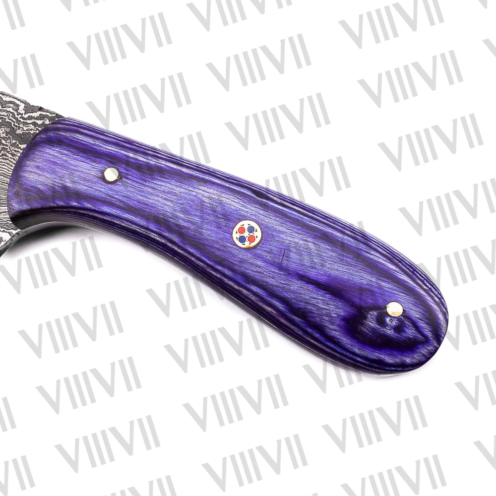 Damascus Steel Skinning Knife – Purple Wood Handle | Hand Forged Full Tang Hunting Knife for Outdoor Use & Gifts