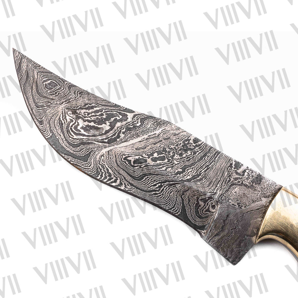 Damascus Steel Hunting Knife – Olive Wood Handle & Gold Bolster | Hand Forged Full Tang Knife for Outdoor Use & Gifting