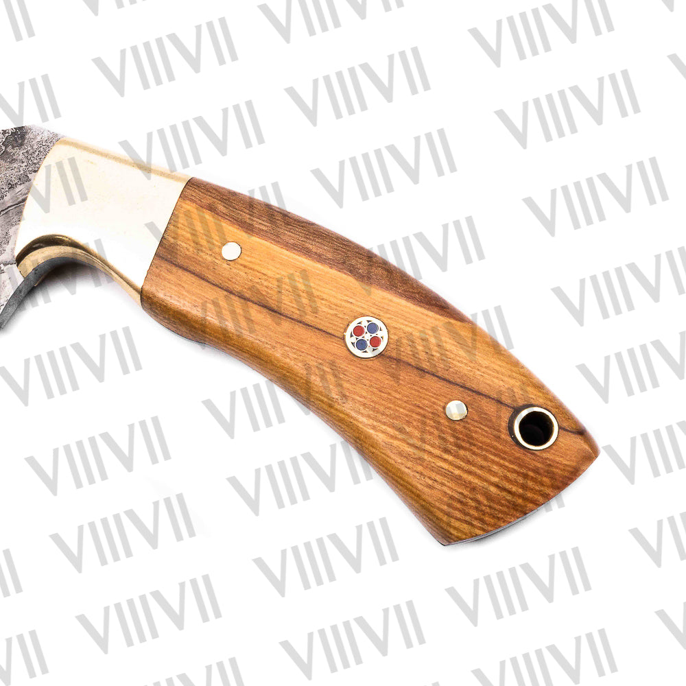 Damascus Steel Hunting Knife – Olive Wood Handle & Gold Bolster | Hand Forged Full Tang Knife for Outdoor Use & Gifting