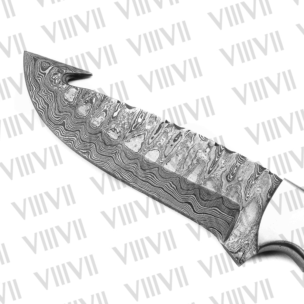 Damascus Steel Gut Hook Hunting Knife – Camel Bone Handle & Full Tang | Hand Forged Knife for Outdoor, Survival & Gifting