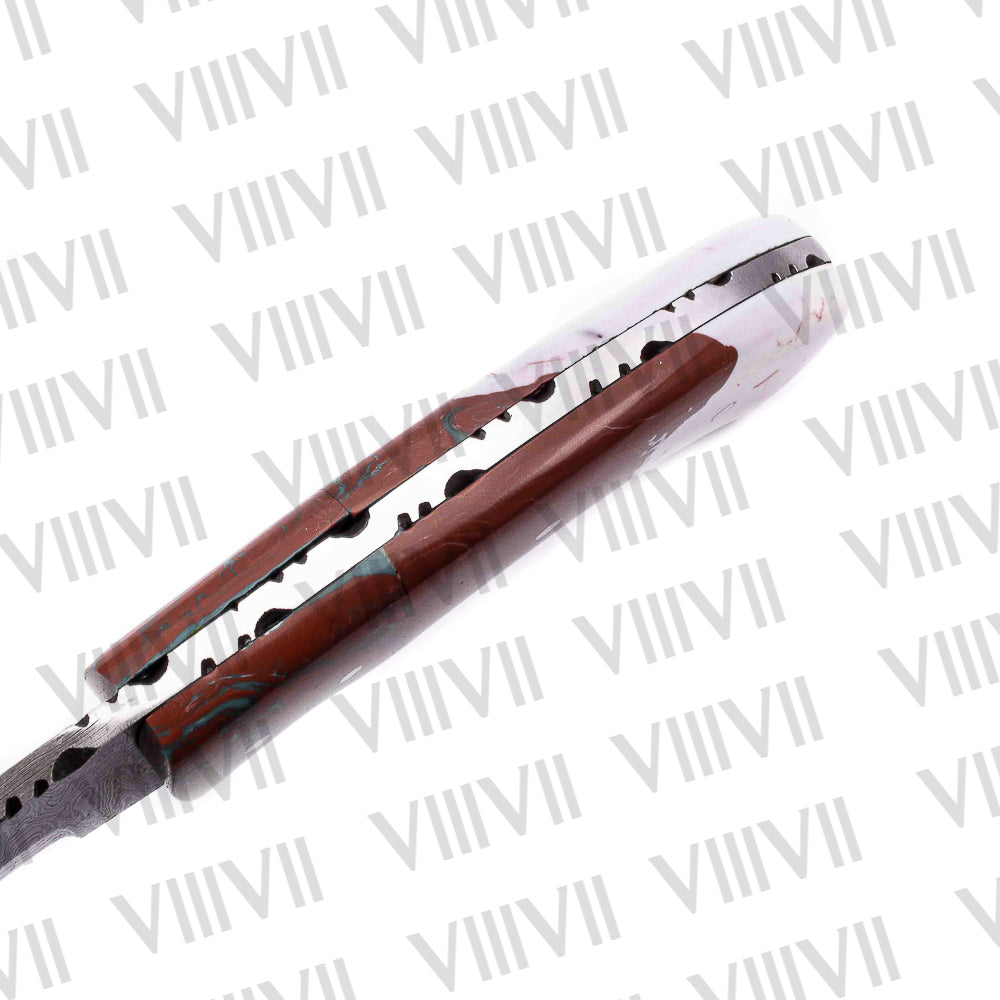 Damascus Steel Hunting Knife – Brown & White Resin Handle | Hand Forged Full Tang Blade for Camping, Survival & Gift