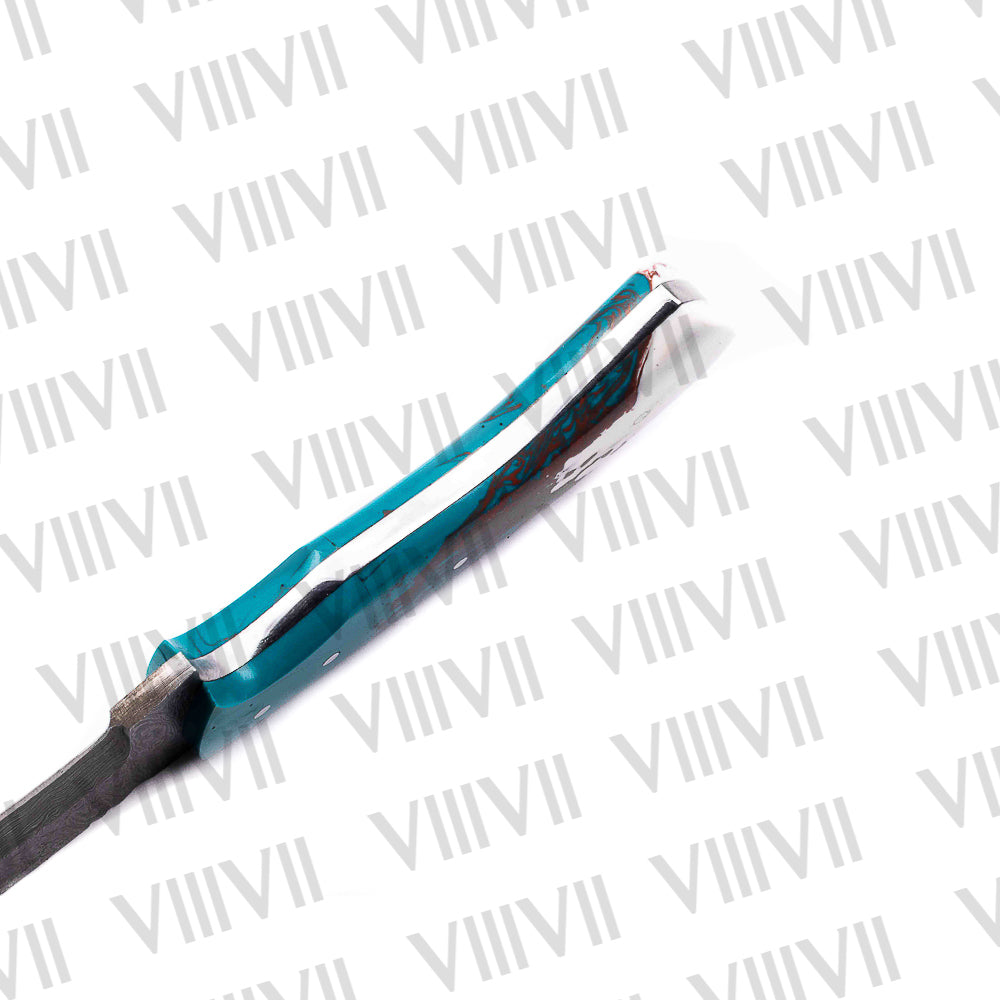 Damascus Steel Hunting Knife – Aqua Blue Resin Handle | Hand Forged Full Tang Outdoor Knife for Camping, Hunting & Gifts