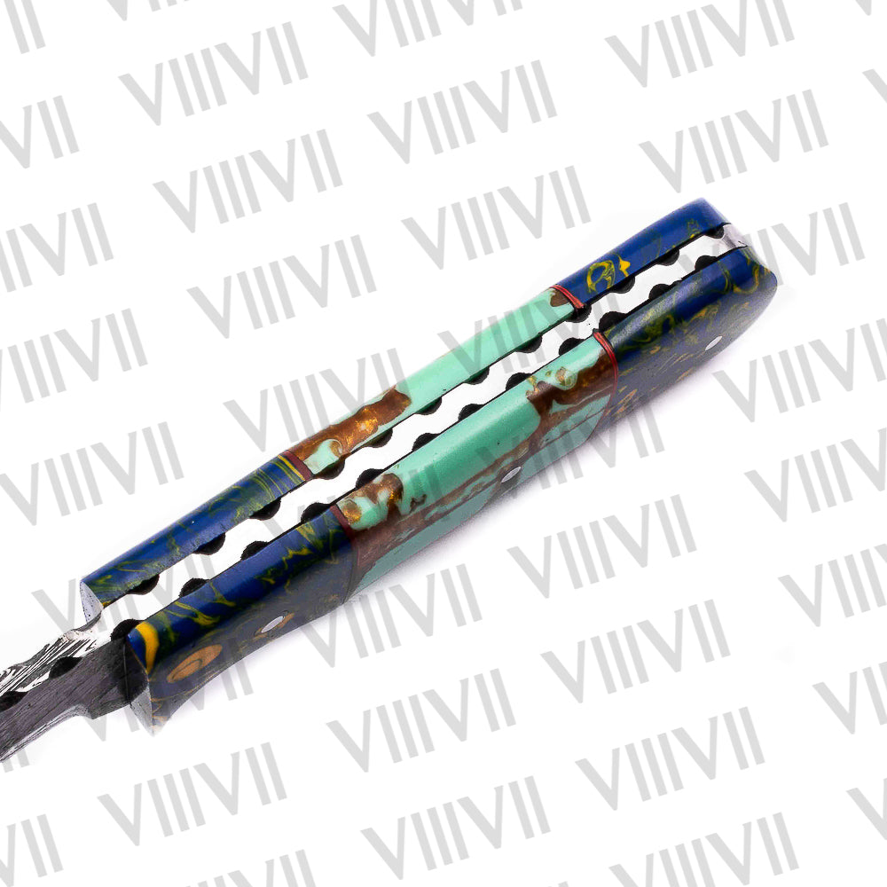 Damascus Steel Hunting Knife – Turquoise Handle | Hand Forged Full Tang Knife for Hunting, Camping & Outdoor Gifts