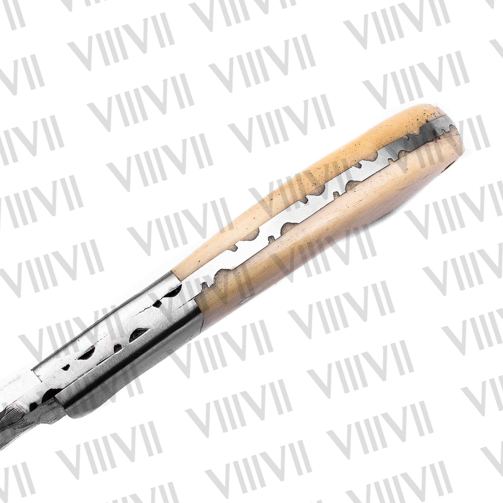 Damascus Steel Gut Hook Hunting Knife – Camel Bone Handle & Full Tang | Hand Forged Knife for Outdoor, Survival & Gifting