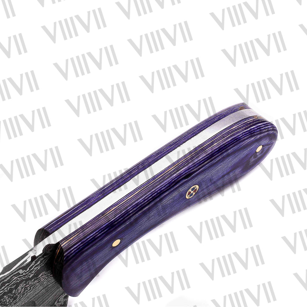 Damascus Steel Skinning Knife – Purple Wood Handle | Hand Forged Full Tang Hunting Knife for Outdoor Use & Gifts