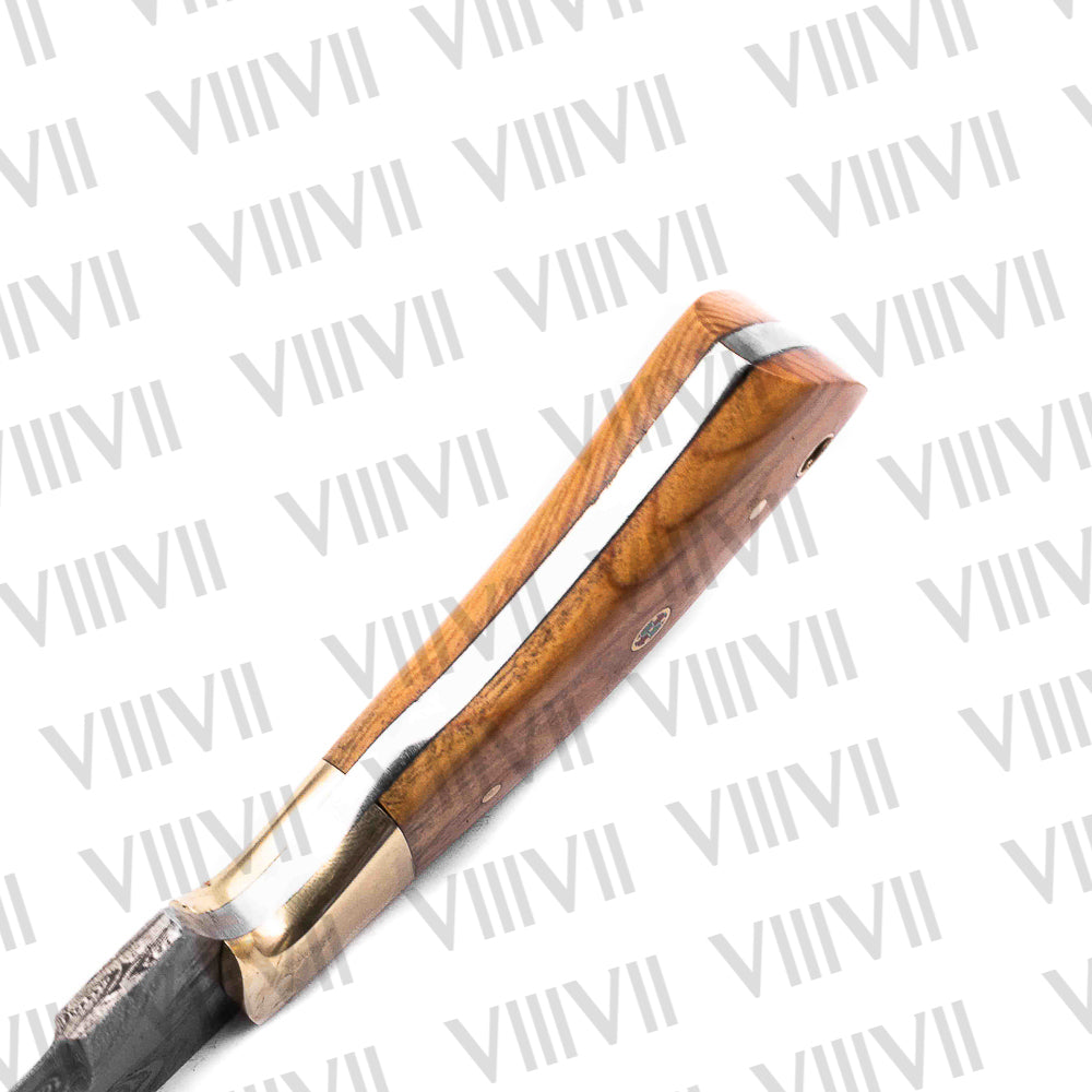 Damascus Steel Hunting Knife – Olive Wood Handle & Gold Bolster | Hand Forged Full Tang Knife for Outdoor Use & Gifting