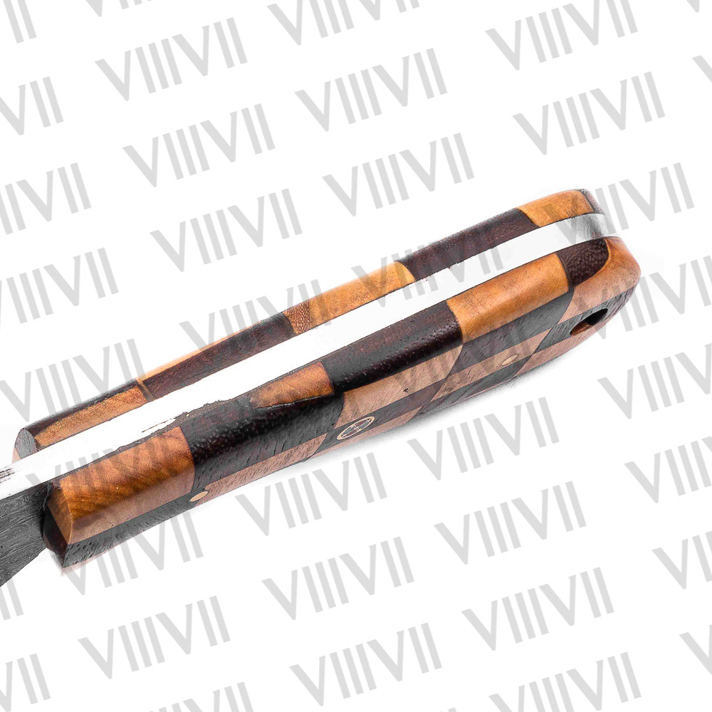 Damascus Steel Hunting Knife – Rosewood & Ashwood Chess Handle | Hand Forged Full Tang Knife for Outdoor Use & Gift for Him