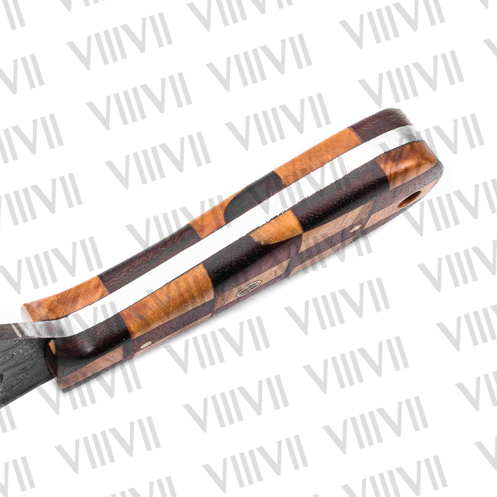 Damascus Steel Hunting Knife – Rosewood & Ashwood Chess Handle | Hand Forged Full Tang Knife for Outdoor Use & Gift for Him