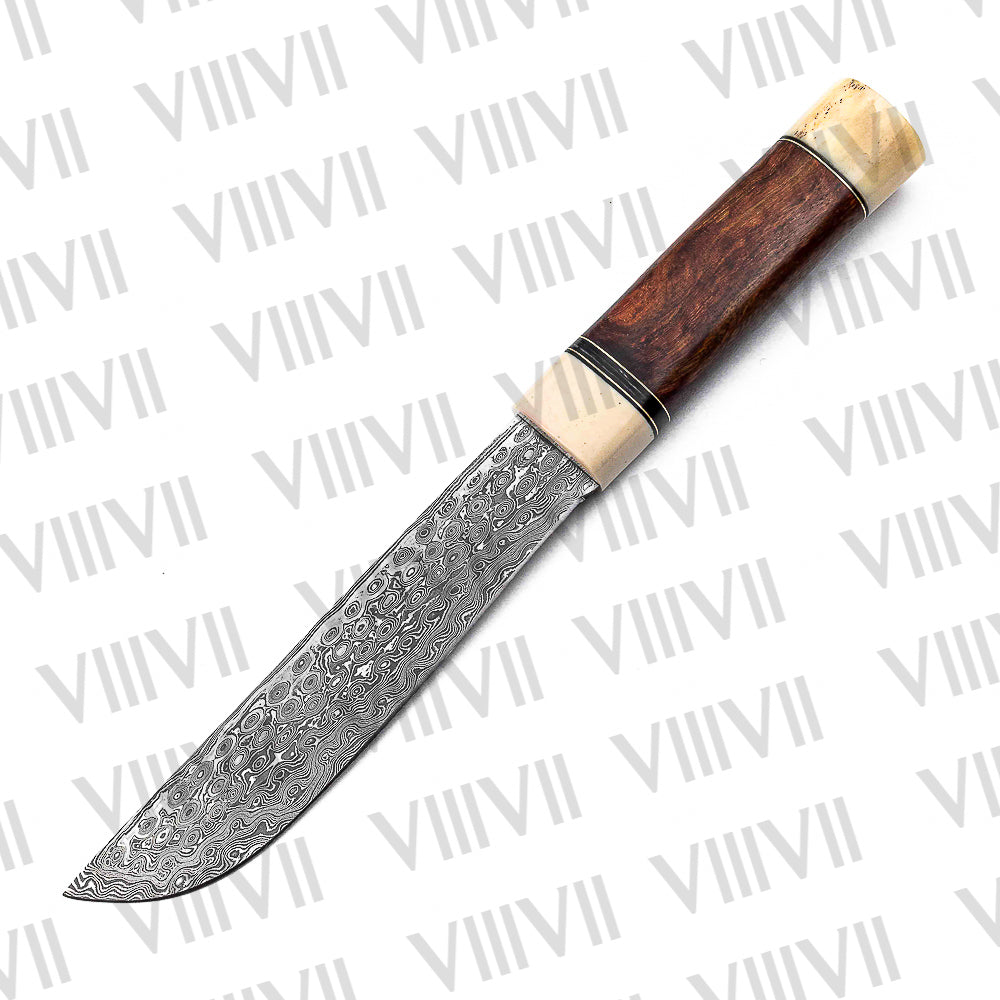 Seax Knife in Damascus Steel – Handmade Viking Blade with Bone & Rosewood Handle