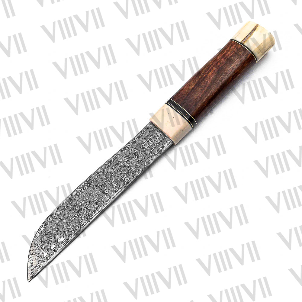 Seax Knife in Damascus Steel – Handmade Viking Blade with Bone & Rosewood Handle