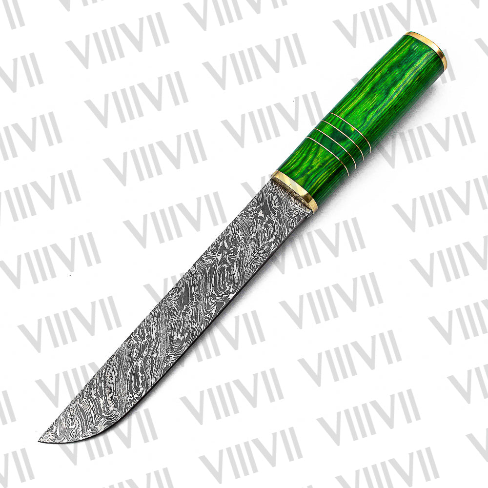 Birka Knife in Damascus Steel – Handmade Viking Seax with Green Resin Wood Handle