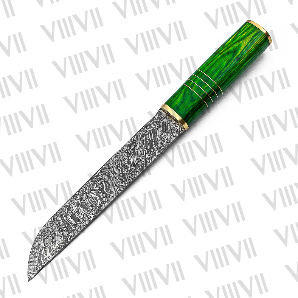Birka Knife in Damascus Steel – Handmade Viking Seax with Green Resin Wood Handle