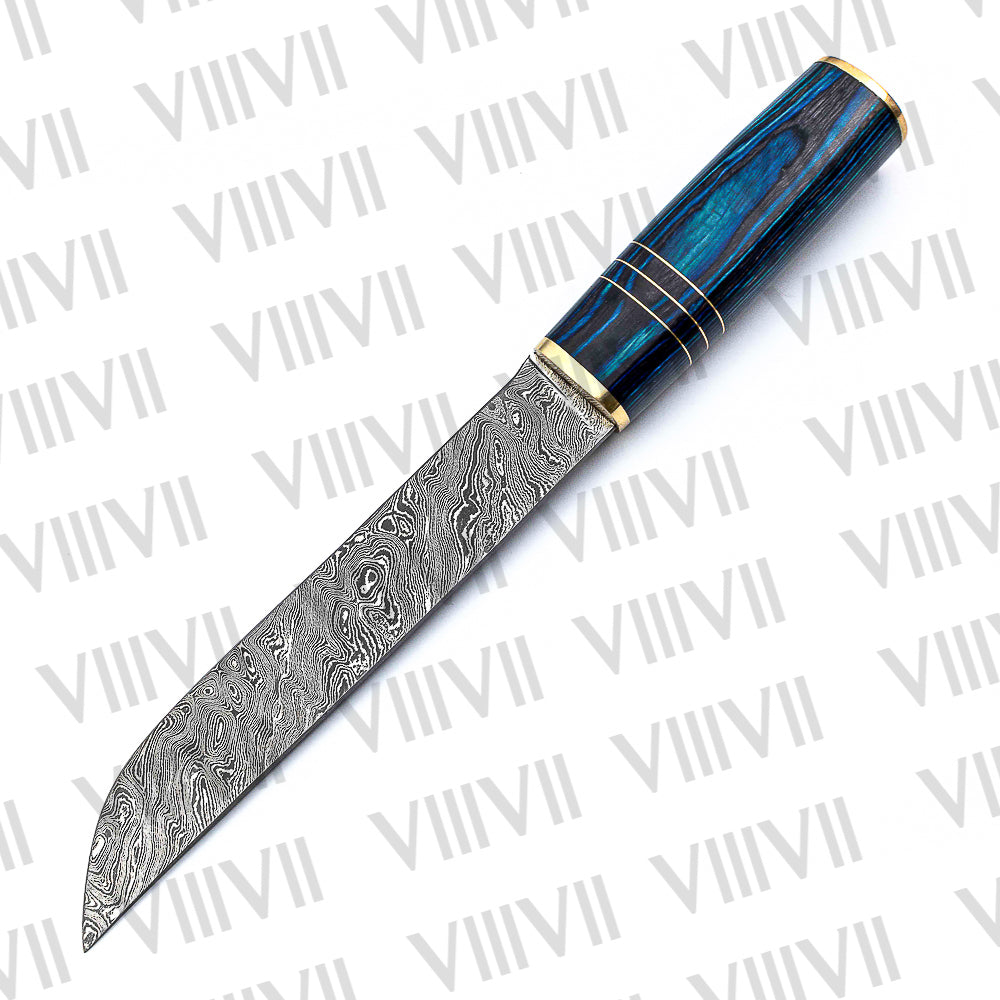 Birka Knife in Damascus Steel – Handmade Viking Seax with Blue Resin Wood Handle