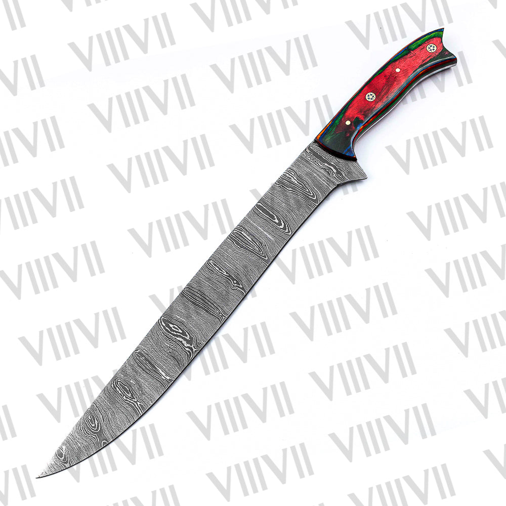 Classic Brisket Carving Knife in Damascus Steel with Multi-Wood Handle – Handcrafted Precision