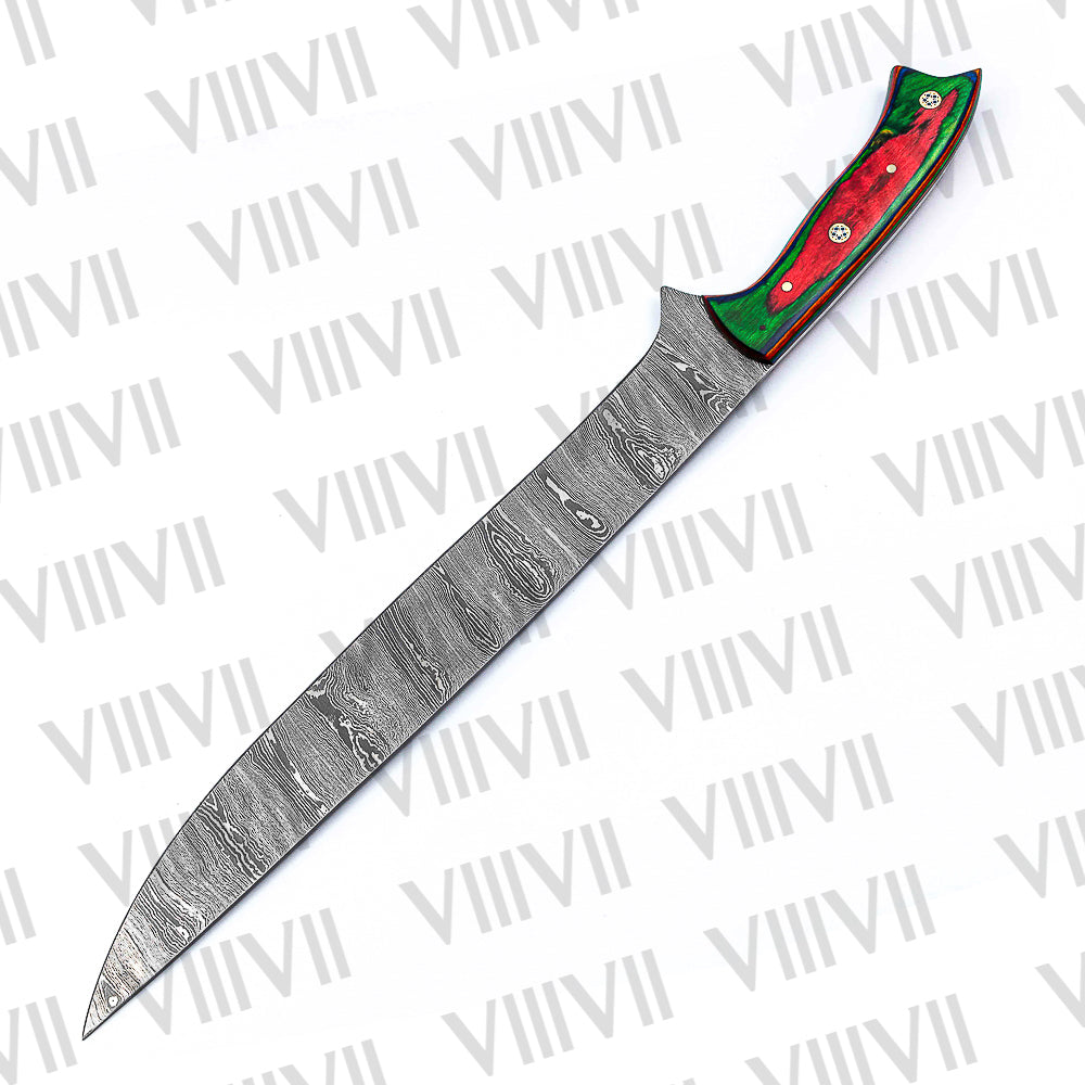 Classic Brisket Carving Knife in Damascus Steel with Multi-Wood Handle – Handcrafted Precision