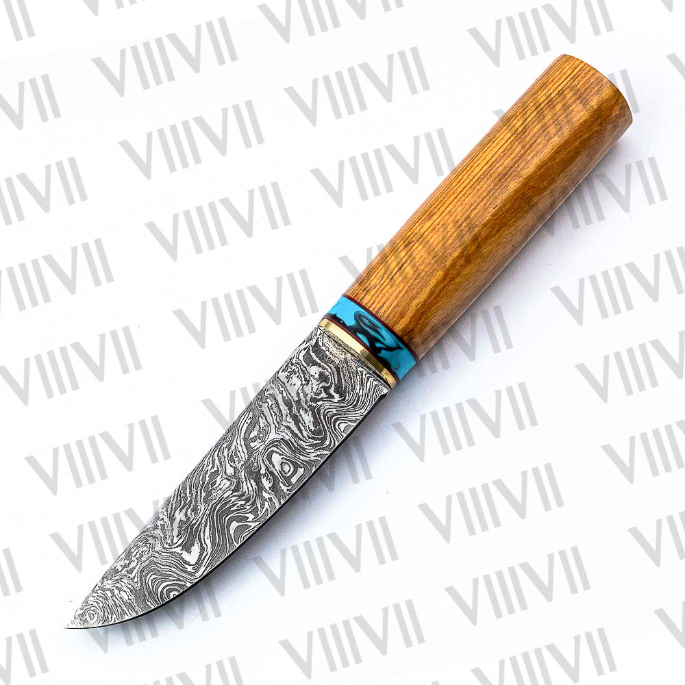 Viking Birka Knife in Damascus Steel – Handmade Norse Knife with Turquoise & Olive Wood Handle