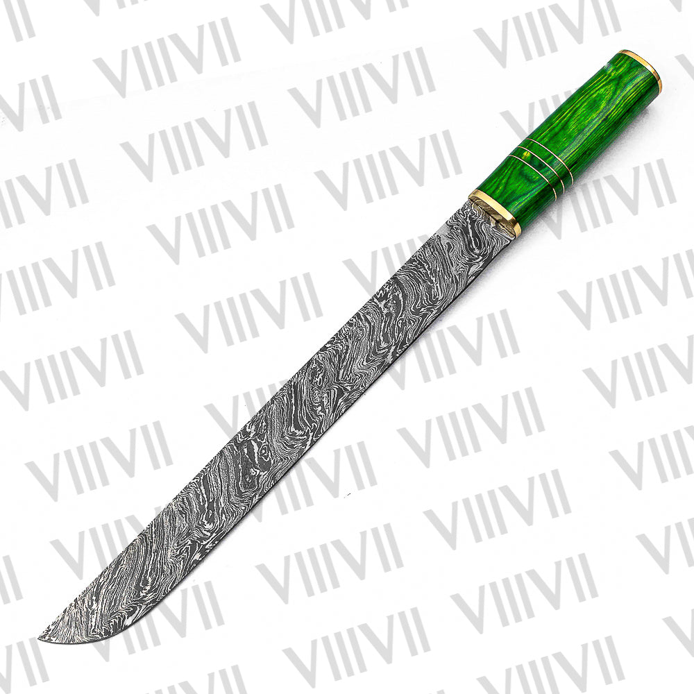 Damascus Steel Birka Knife – Handmade Viking Seax with Green Resin Wood Handle for LARP & Cosplay