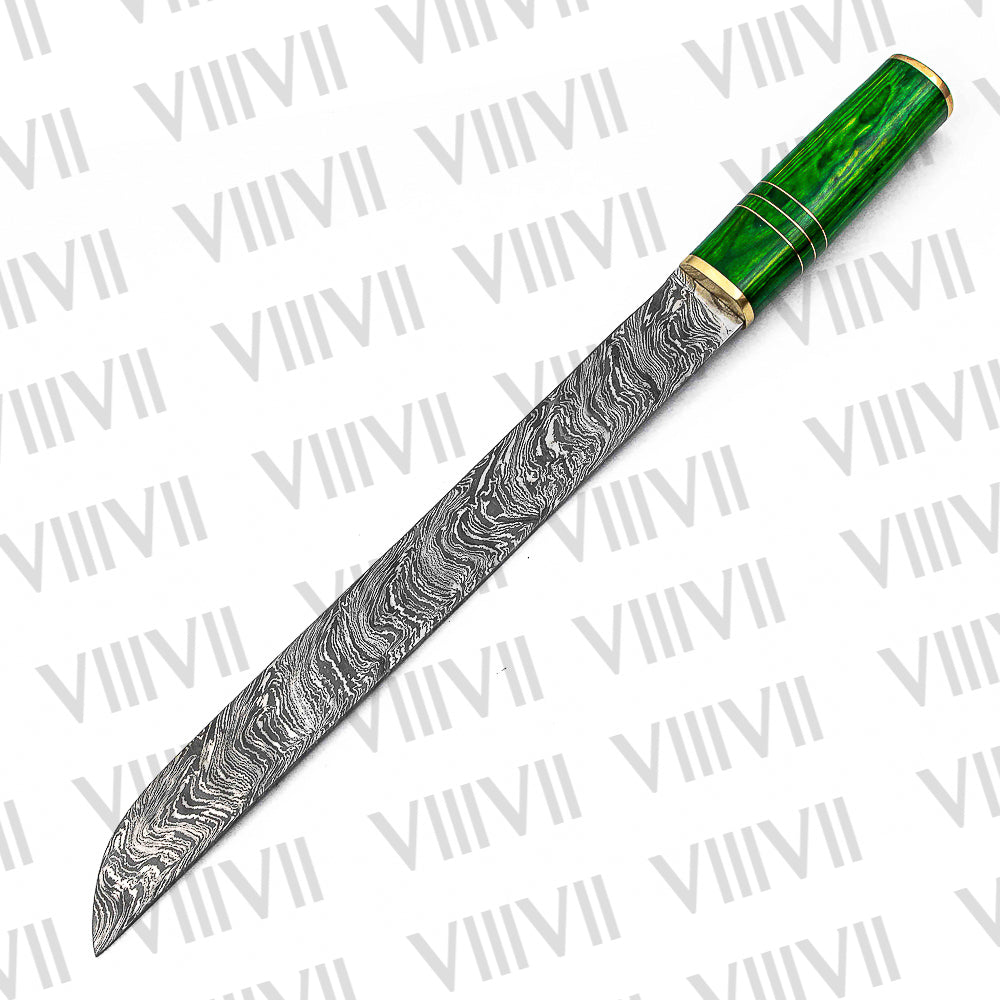 Damascus Steel Birka Knife – Handmade Viking Seax with Green Resin Wood Handle for LARP & Cosplay