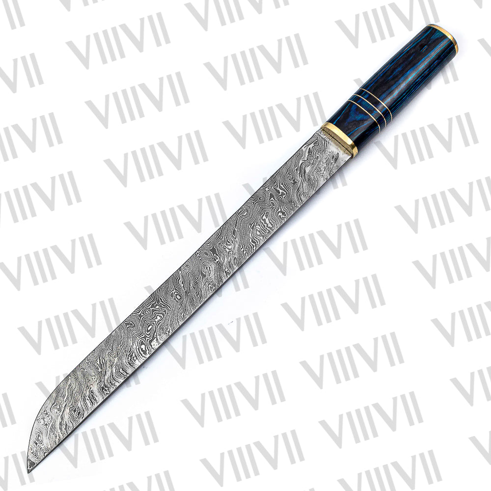 Damascus Steel Birka Knife – Handmade Viking Seax Knife with Blue Resin Wood Handle