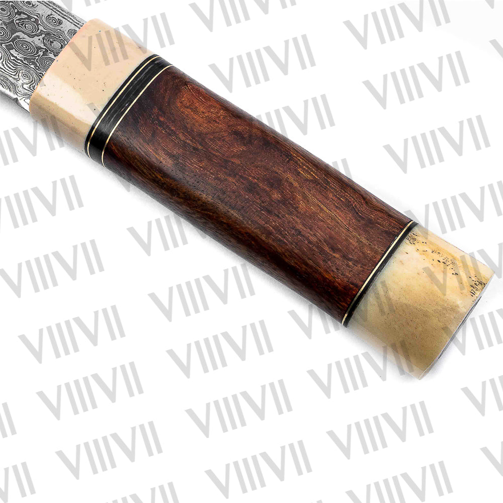 Seax Knife in Damascus Steel – Handmade Viking Blade with Bone & Rosewood Handle