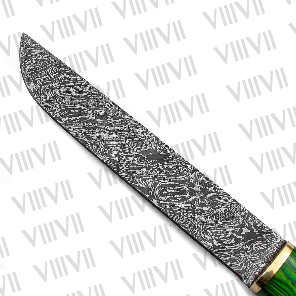 Birka Knife in Damascus Steel – Handmade Viking Seax with Green Resin Wood Handle