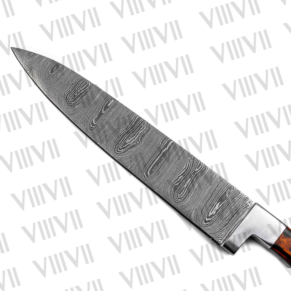 Damascus Steel Carving Knife Hand Forged 13" Blade Orange Wood Handle Full Tang Chef Knife for Kitchen BBQ and Meat Cutting