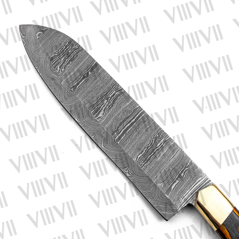 Hand Forged Damascus Steel Santoku Knife – 12.75" Full Tang with Orange Wood Handle and Brass Bolster
