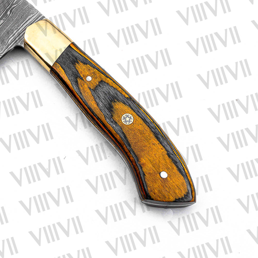 Hand Forged Damascus Steel Santoku Knife – 12.75" Full Tang with Orange Wood Handle and Brass Bolster