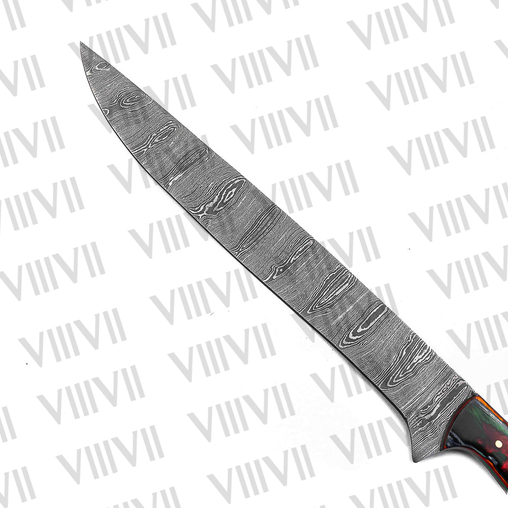 Classic Brisket Carving Knife in Damascus Steel with Multi-Wood Handle – Handcrafted Precision