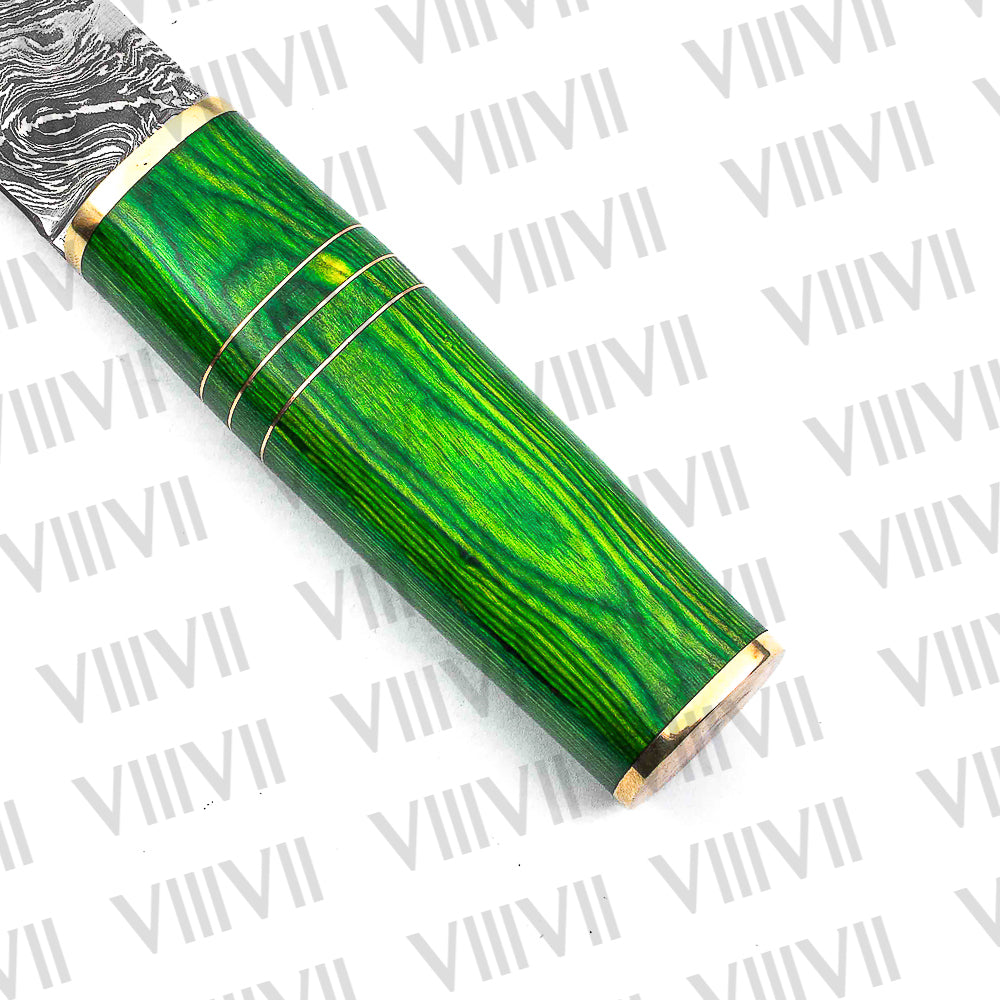 Damascus Steel Birka Knife – Handmade Viking Seax with Green Resin Wood Handle for LARP & Cosplay
