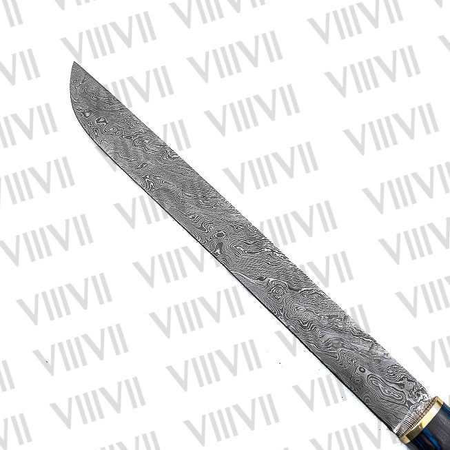 Damascus Steel Birka Knife – Handmade Viking Seax Knife with Blue Resin Wood Handle