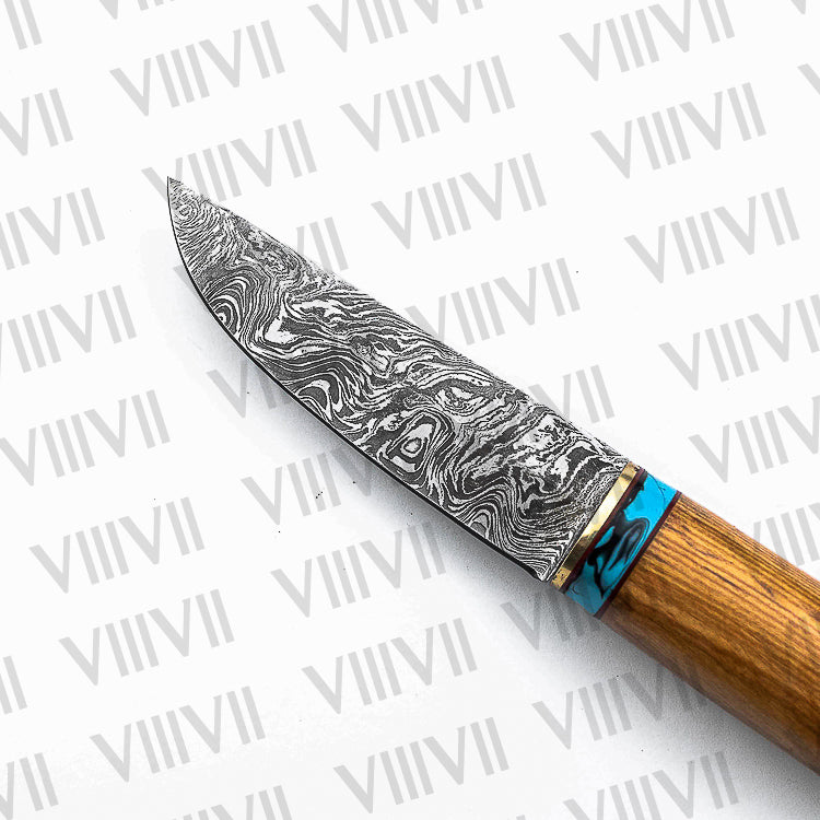 Viking Birka Knife in Damascus Steel – Handmade Norse Knife with Turquoise & Olive Wood Handle