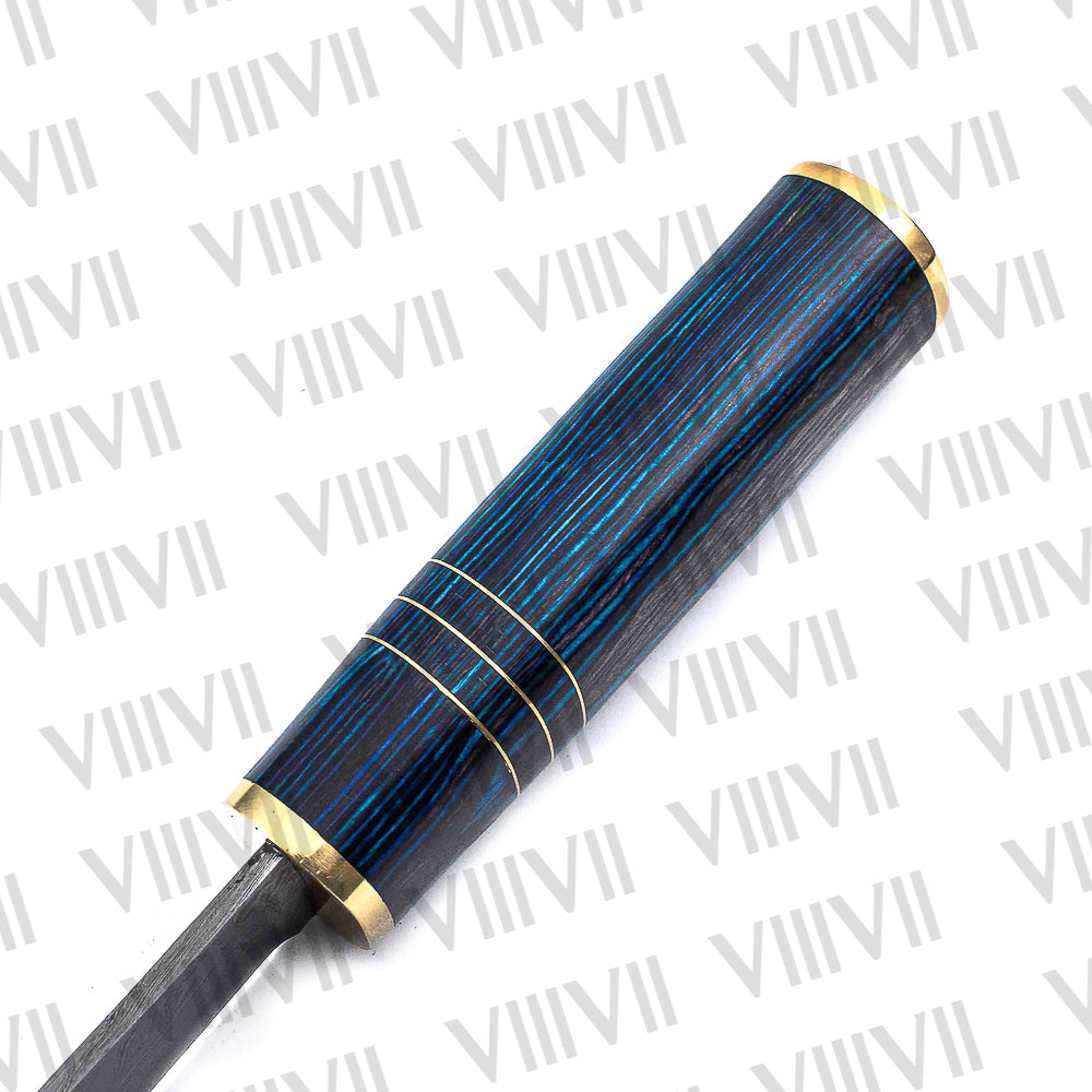 Damascus Steel Birka Knife – Handmade Viking Seax Knife with Blue Resin Wood Handle