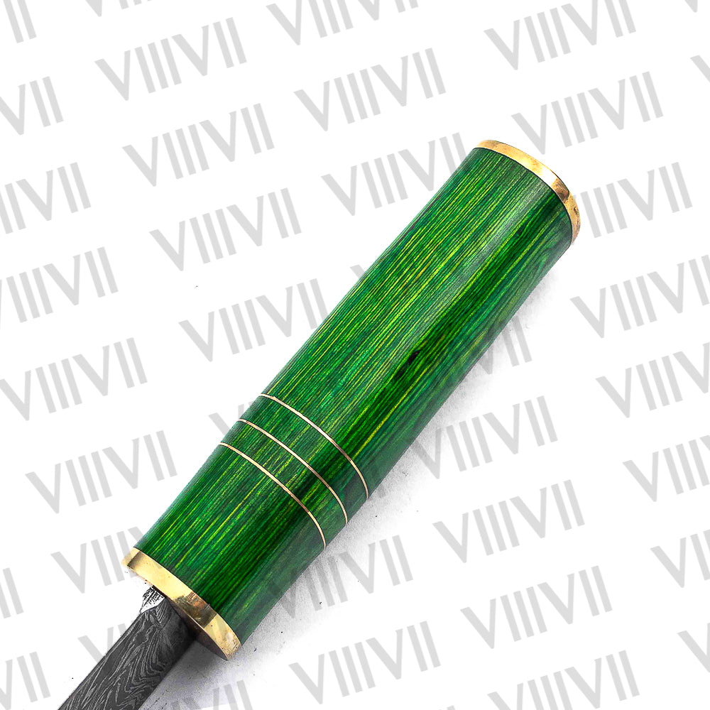 Damascus Steel Birka Knife – Handmade Viking Seax with Green Resin Wood Handle for LARP & Cosplay